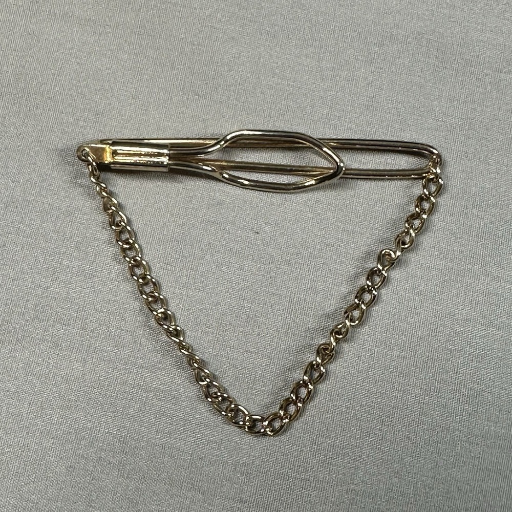 Vintage‎ Gold Tone Tie Bar Clip w/ Chain Mid-Century Men's Accessory Retro